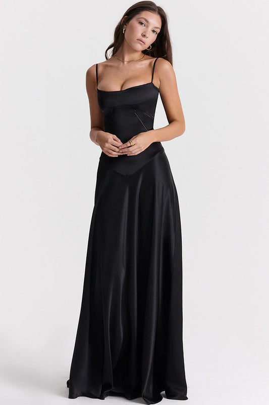 Women's Black Maxi Dress Satin with Lace Up Back 1