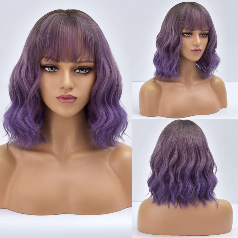 Women's Bob Wig Purple Ombre Wavy High-Temperature Fiber 0