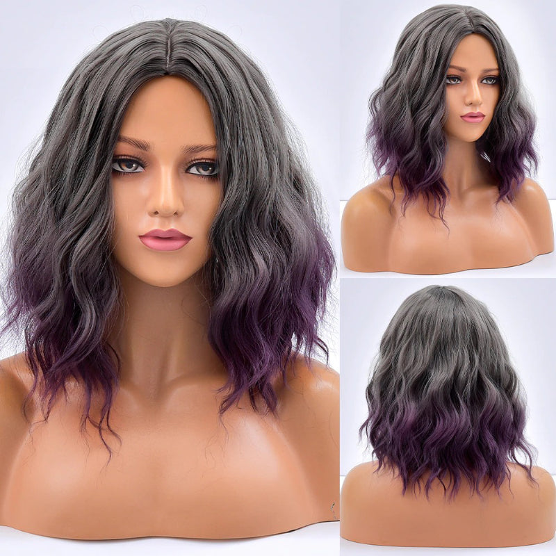 Women's Bob Wig Purple Ombre Wavy High-Temperature Fiber 22