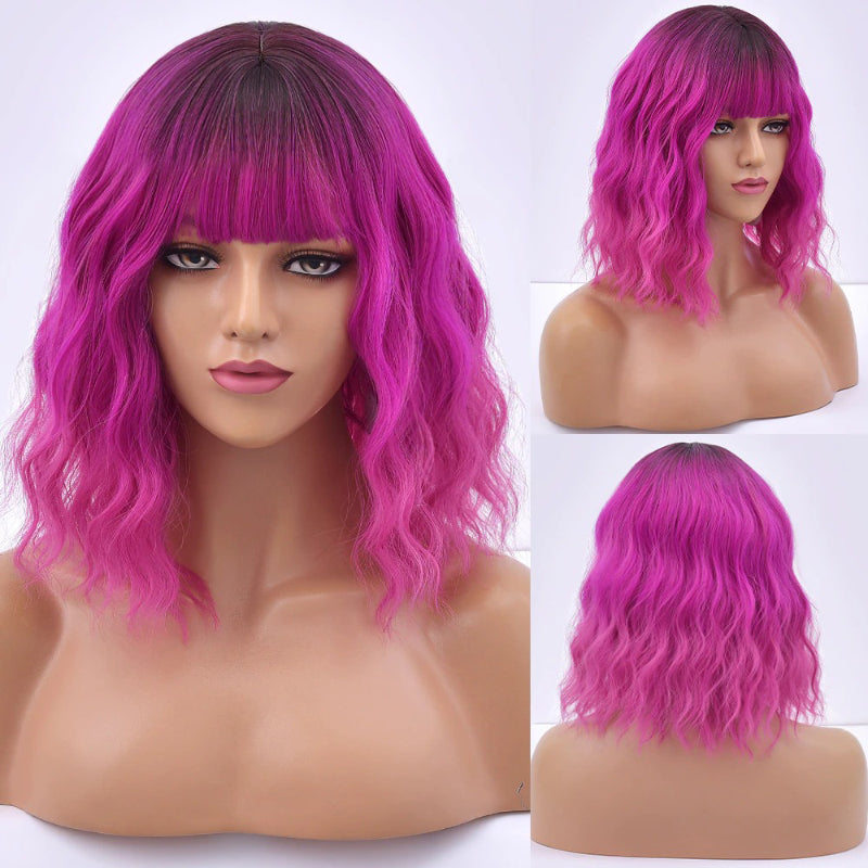 Women's Bob Wig Purple Ombre Wavy High-Temperature Fiber 9