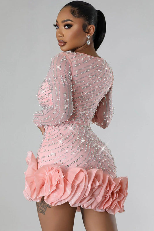 Women's Bodycon Mini Dress Black Mesh Polyester with Crystal Embellishments 1