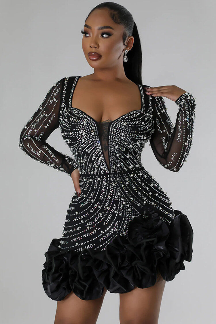 Women's Bodycon Mini Dress Black Mesh Polyester with Crystal Embellishments 2