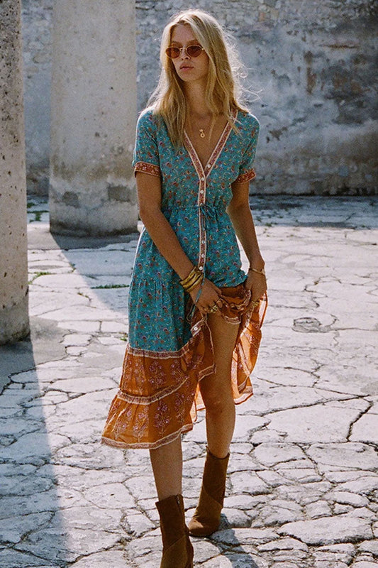 Women's Boho Dress Teal Blue Cotton Floral Print Summer Dress 1