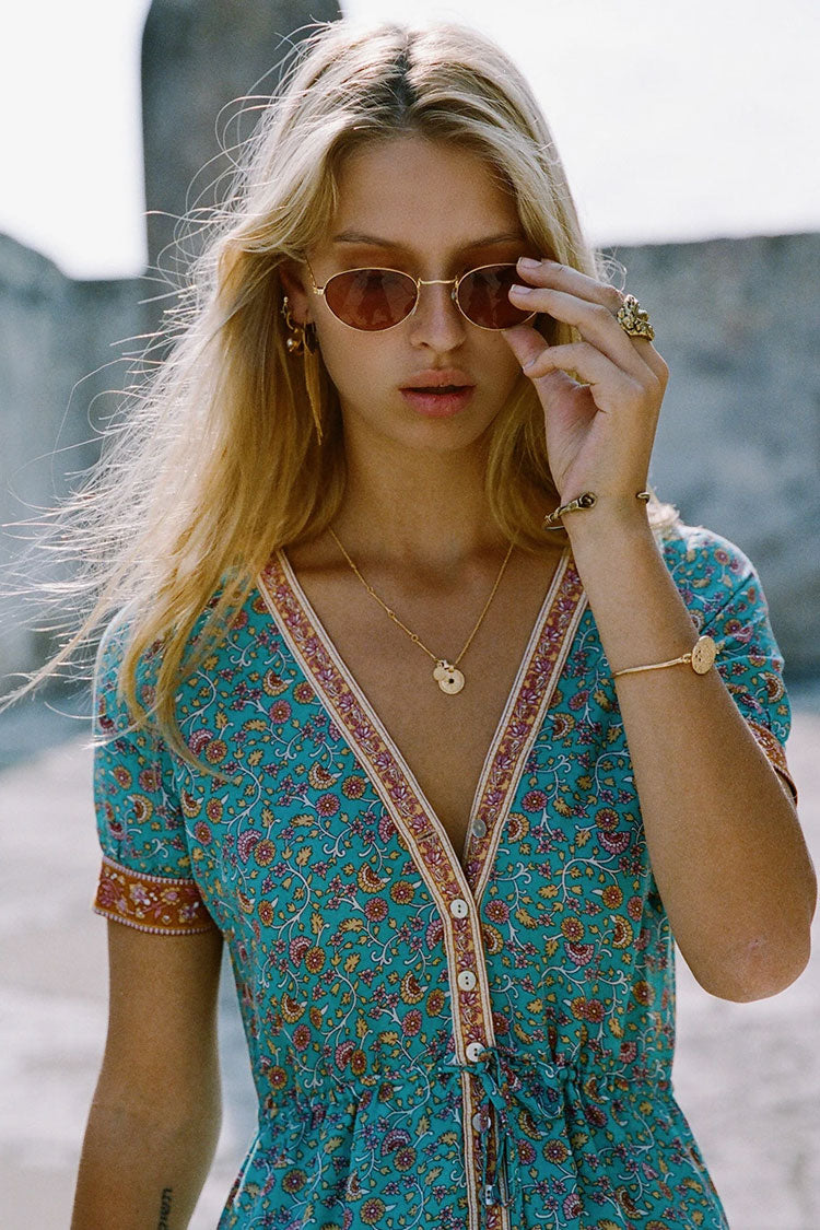 Women's Boho Dress Teal Blue Cotton Floral Print Summer Dress 3