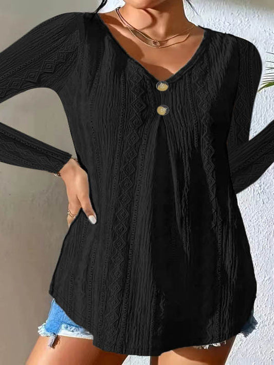 Womens Button Detail Long Sleeve Top - Casual V-Neck - Textured Knit 2
