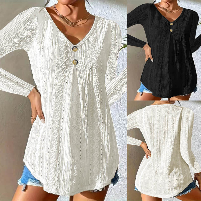 Womens Button Detail Long Sleeve Top - Casual V-Neck - Textured Knit 4