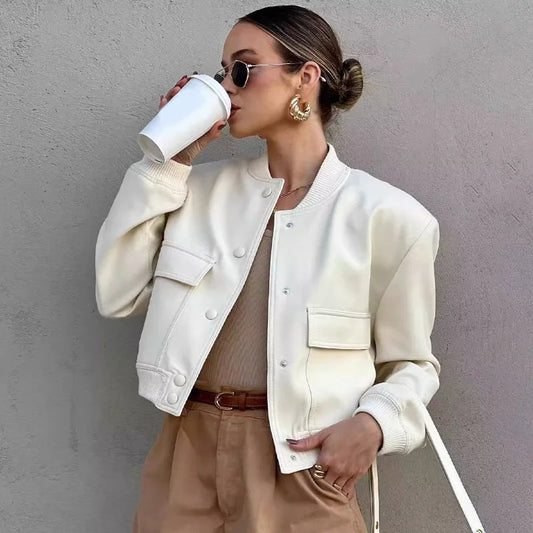 Women's Bomber Jacket Black Polyester Cropped Casual - 2