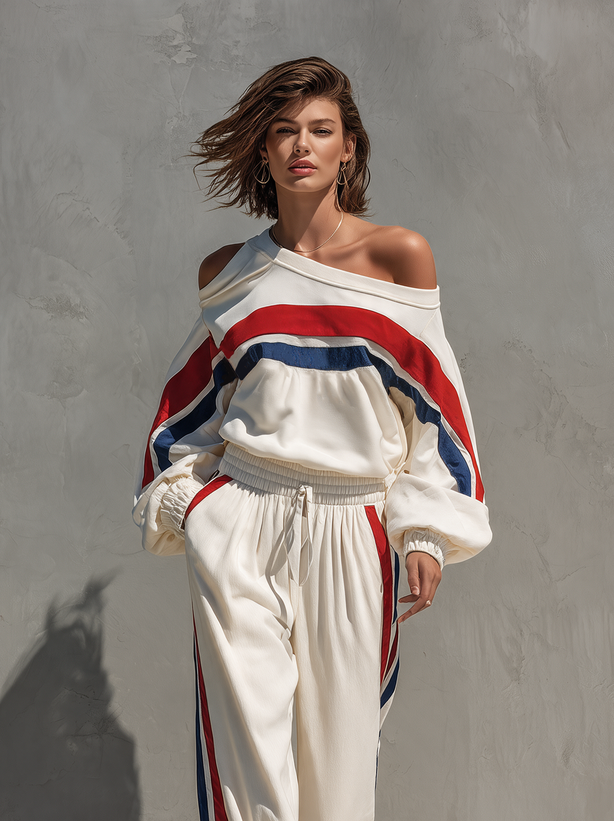 Women's Off-Shoulder Striped Sweatshirt and Jogger Set in White - additional view 5 | Hensley London