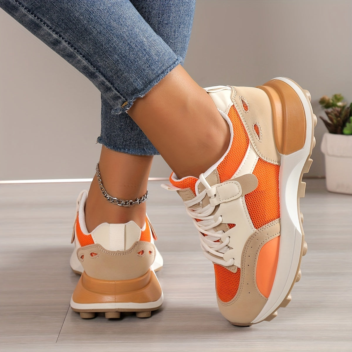 Women's Chunky White Sneakers with Breathable Mesh and Cushioned Support – Casual Lace-Up Trainers 3