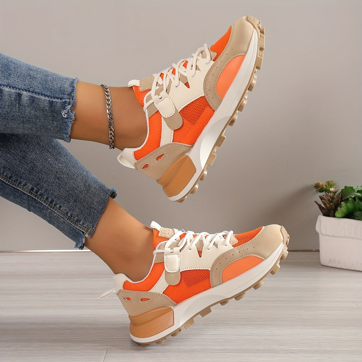 Women's Chunky White Sneakers with Breathable Mesh and Cushioned Support – Casual Lace-Up Trainers 4