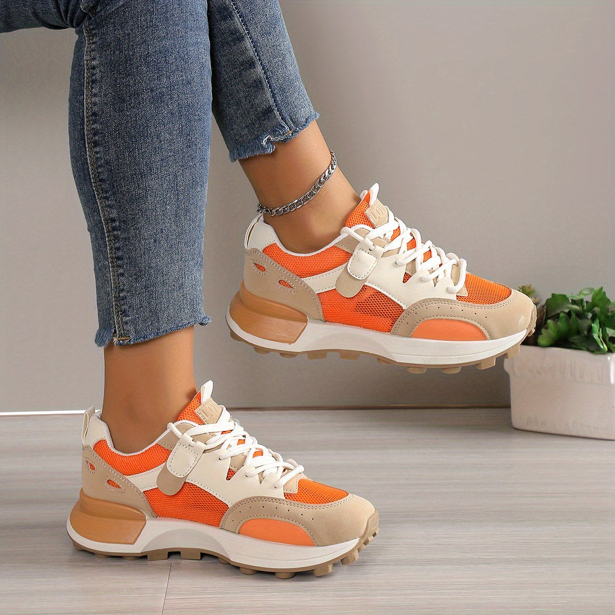 Women's Chunky White Sneakers with Breathable Mesh and Cushioned Support – Casual Lace-Up Trainers 6