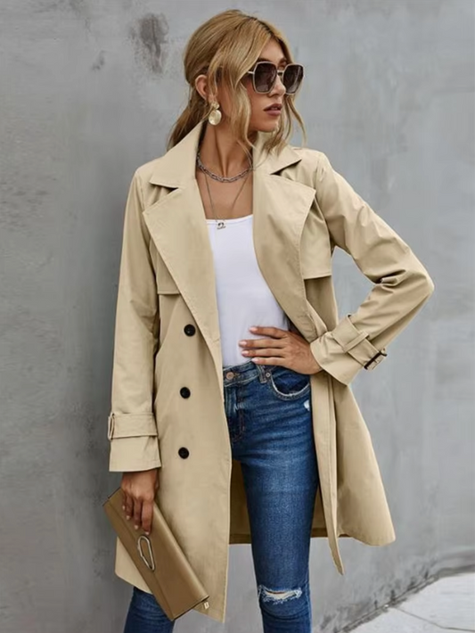 Women's Trench Coat Beige Double Breasted Cotton Classic Outerwear - 2