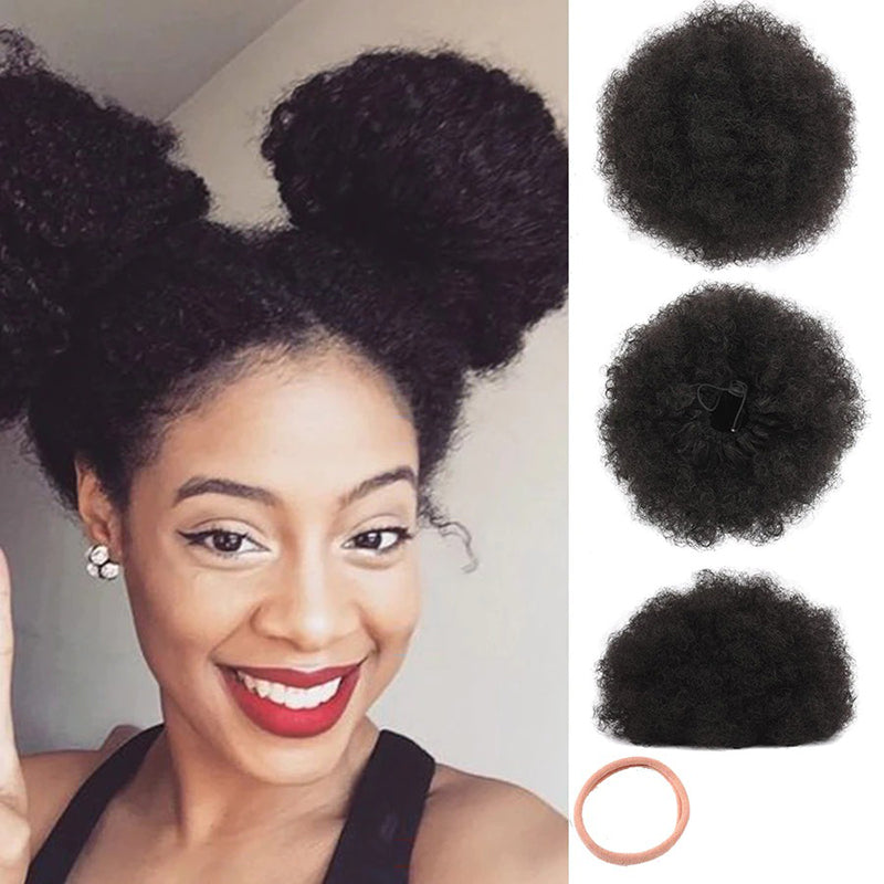 Women's Clip-In Hair Bun Black High-Temperature Fiber Afro Kinky Extension 12