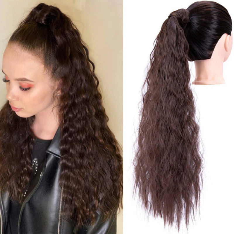 Women's Clip-In Ponytail Hair Extension Brown Synthetic Long Corn Waves 3