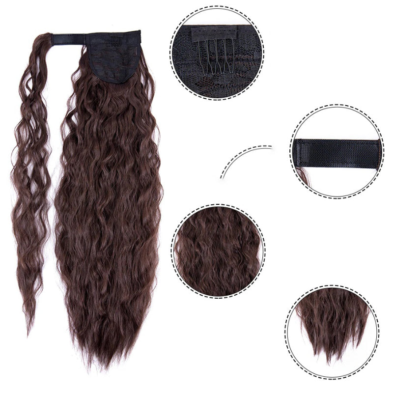 Women's Clip-In Ponytail Hair Extension Brown Synthetic Long Corn Waves 6