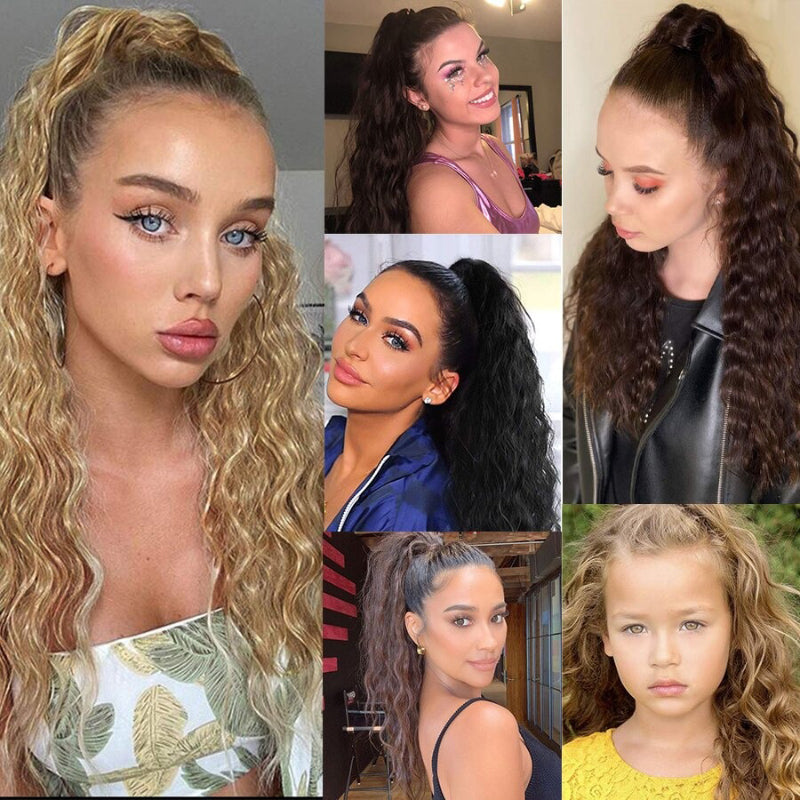 Women's Clip-In Ponytail Hair Extension Brown Synthetic Long Corn Waves 7