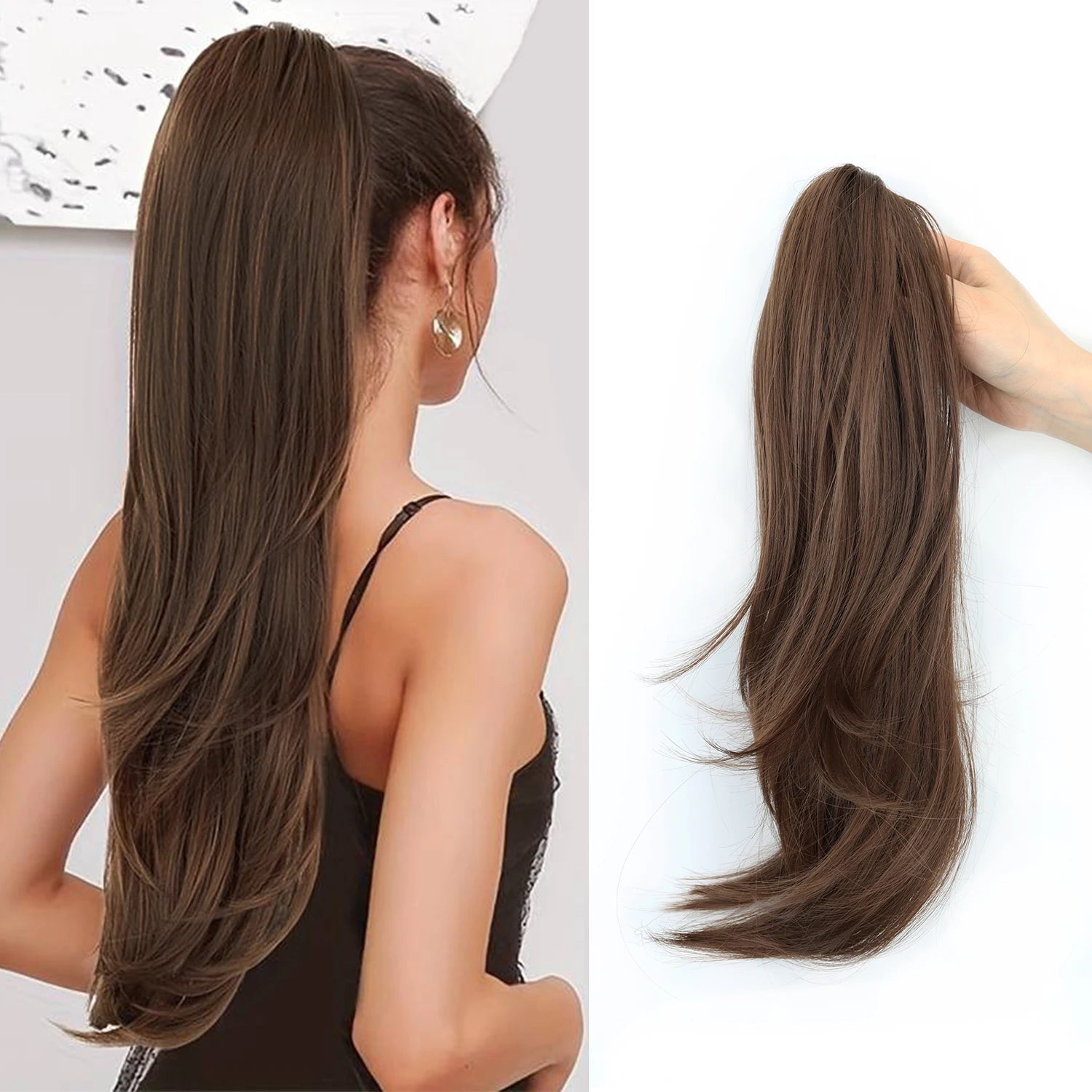 Women's Clip In Ponytail Extension 18 Inch Wavy Black Brown Synthetic 0