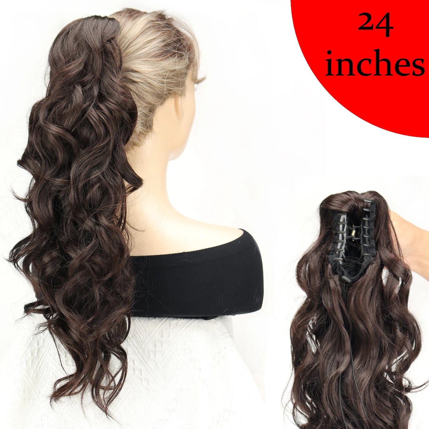 Women's Clip In Ponytail Extension 18 Inch Wavy Black Brown Synthetic 17