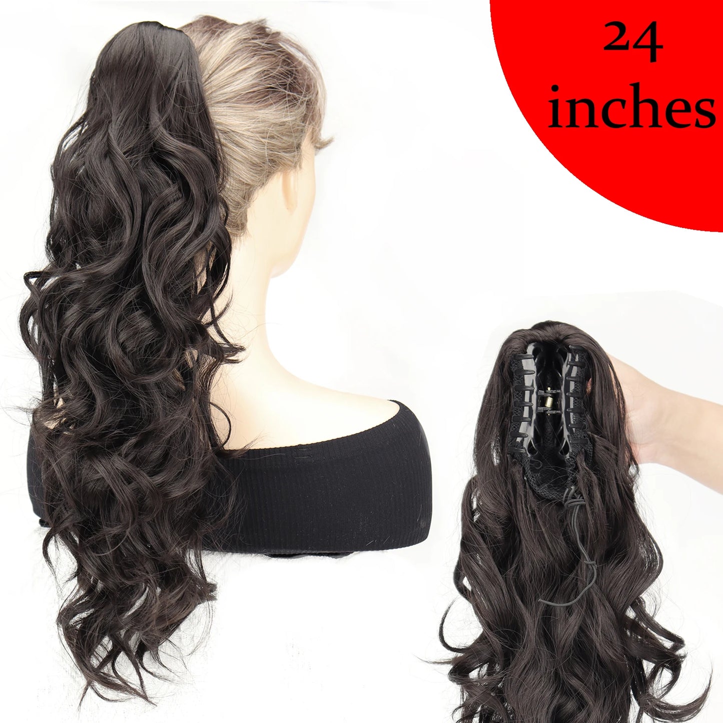 Women's Clip In Ponytail Extension 18 Inch Wavy Black Brown Synthetic 18