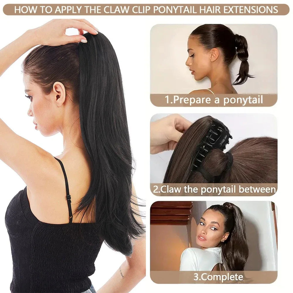 Women's Clip In Ponytail Extension 18 Inch Wavy Black Brown Synthetic 4