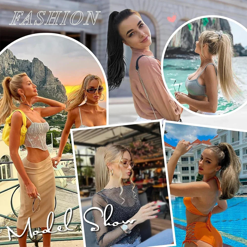 Women's Clip In Ponytail Extension 18 Inch Wavy Black Brown Synthetic 5