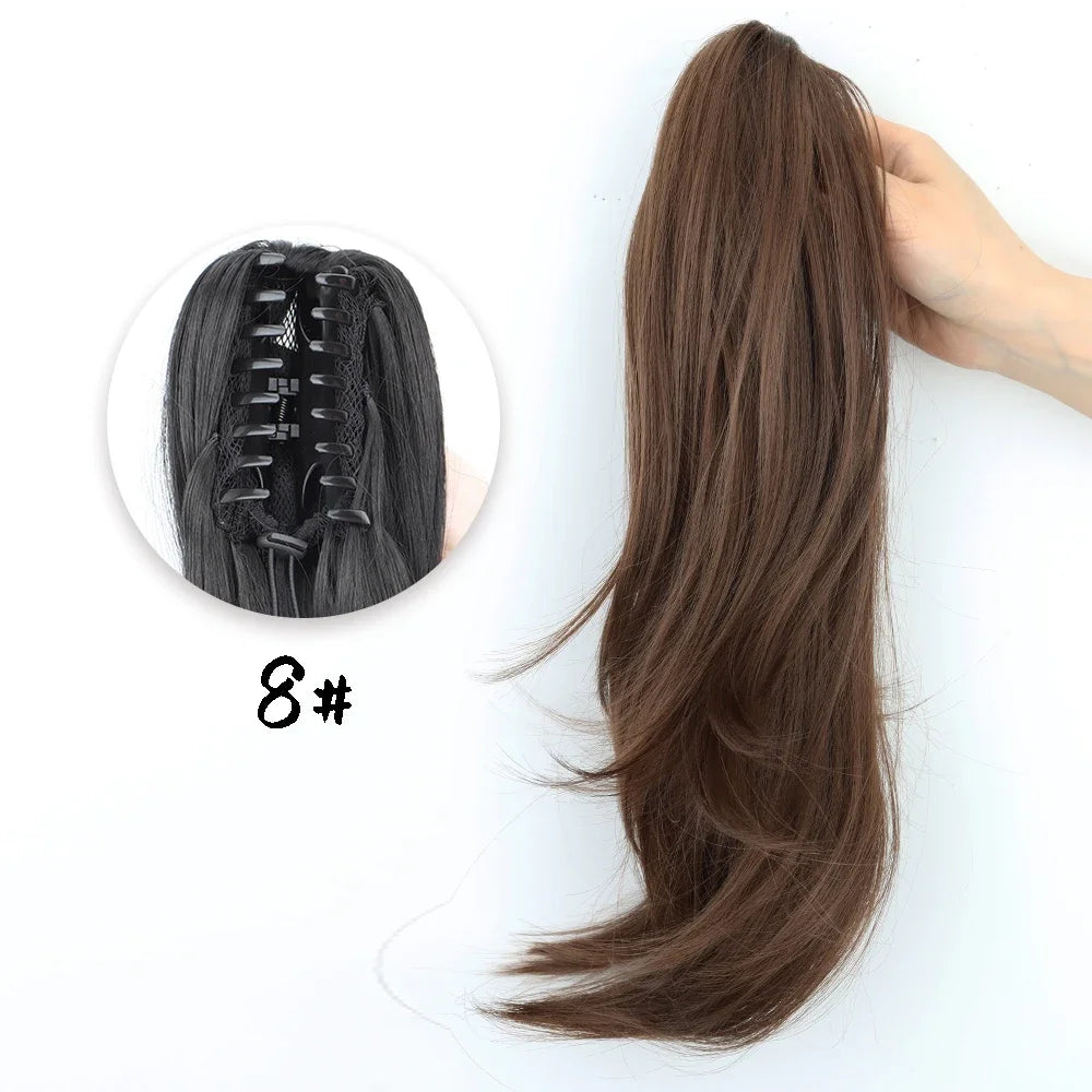 Women's Clip In Ponytail Extension 18 Inch Wavy Black Brown Synthetic 8