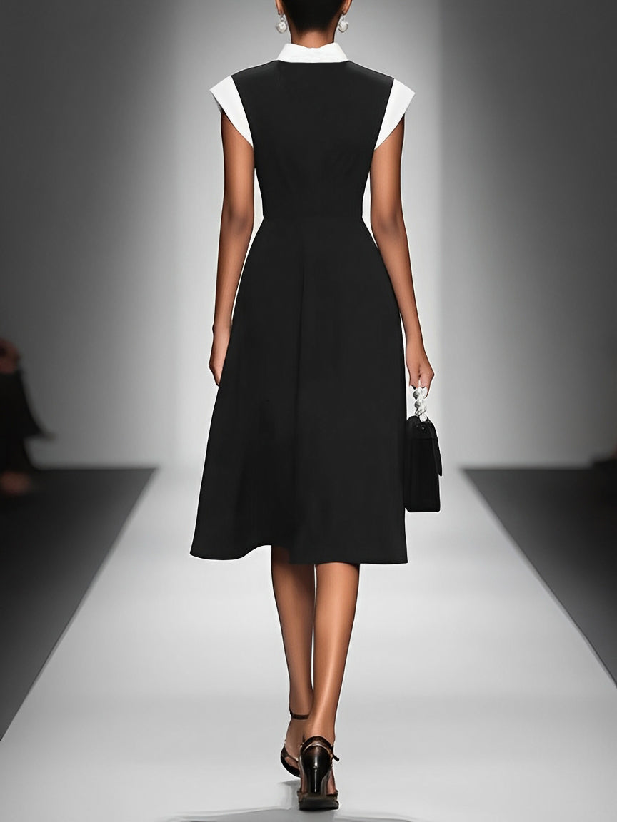 Women's Colorblock Square Neck Cap-Sleeve Midi Dress in Black – product view | Hensley London
