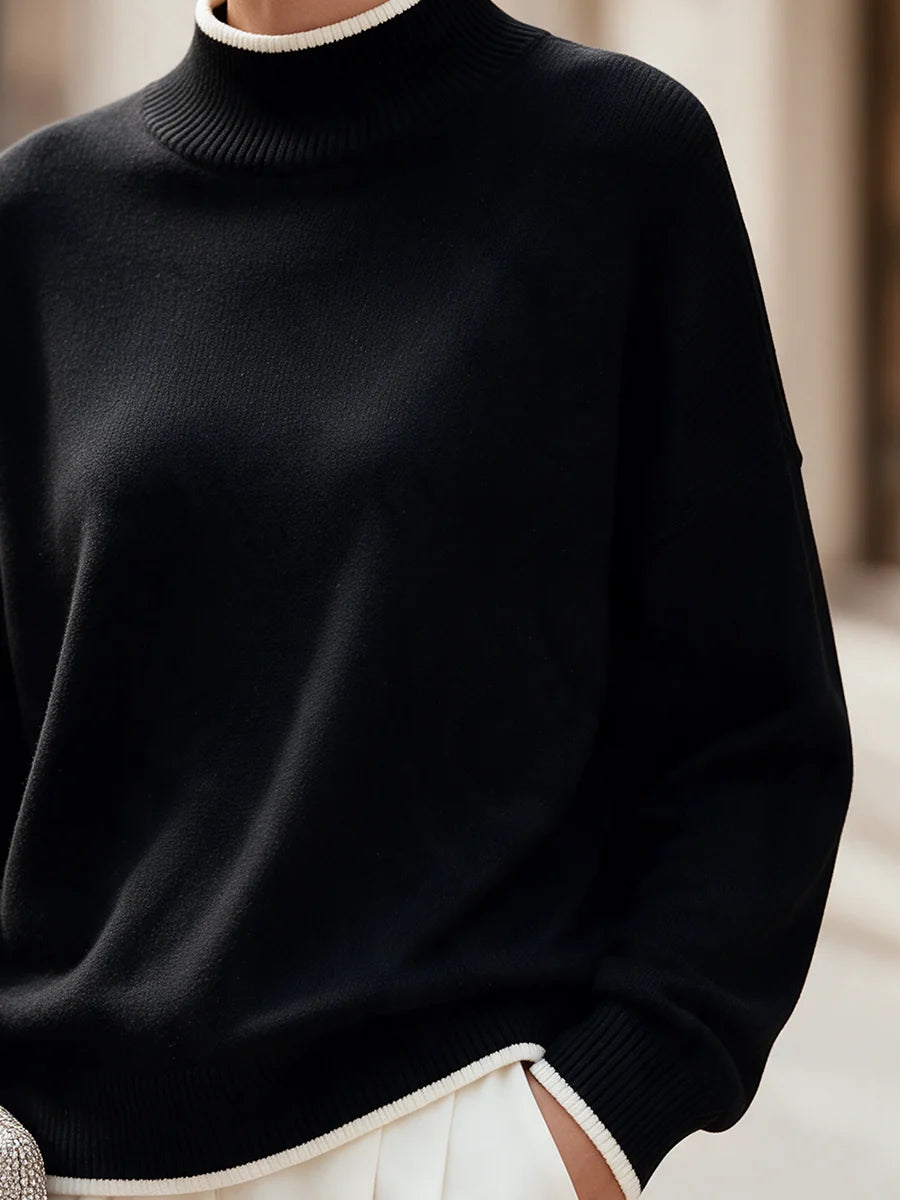 Women's Contrast-Trim Mock-Neck Knit Sweater in Black – Product view | Hensley London