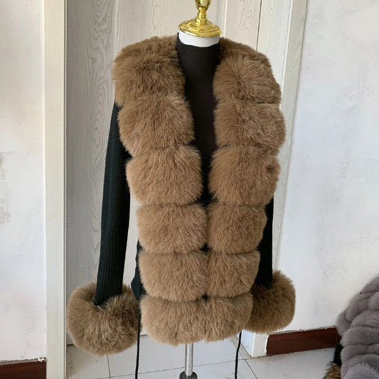 Women's Cozy Faux Fur Knitted Winter Fashion Cardigan Sweater 0