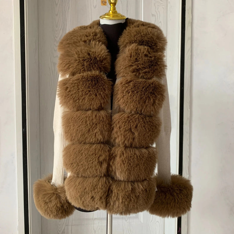 Women's Cozy Faux Fur Knitted Winter Fashion Cardigan Sweater 11