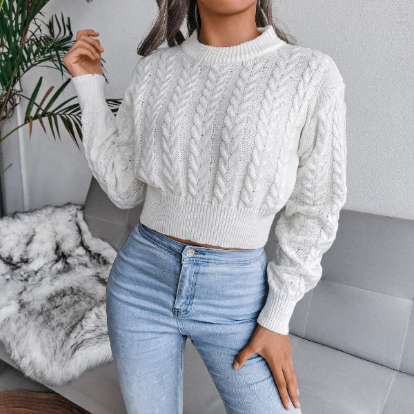 Women's Cable Knit Crop Sweater - Long Sleeve Crew Neck with Ribbed Hem 3