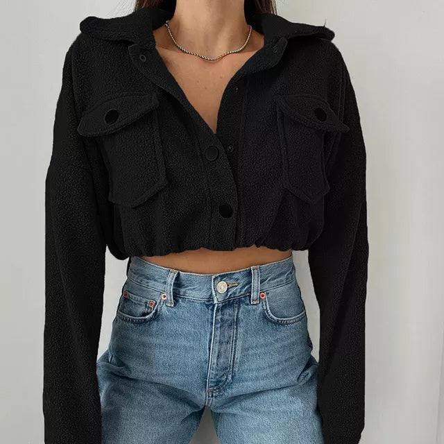 Women's Cropped Bomber Jacket Black Cotton Casual Streetwear - 3
