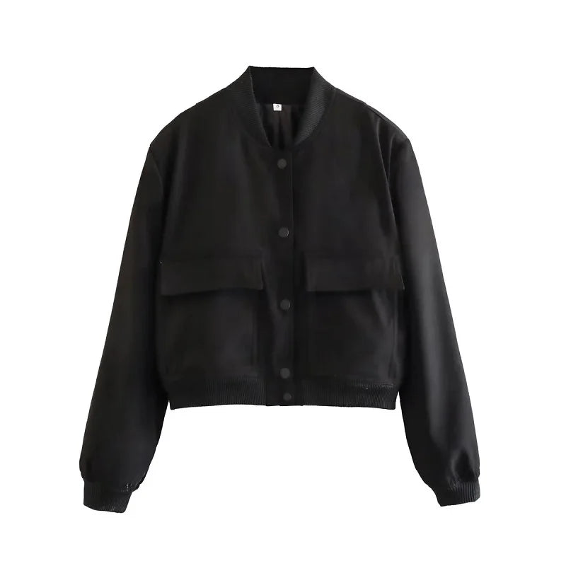 Women's Cropped Bomber Jacket Black Polyester - 9