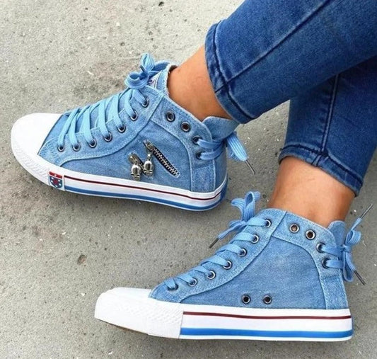 Women's Denim High-Top Sneakers with Lace-Up Closure – Casual Comfortable Footwear 1