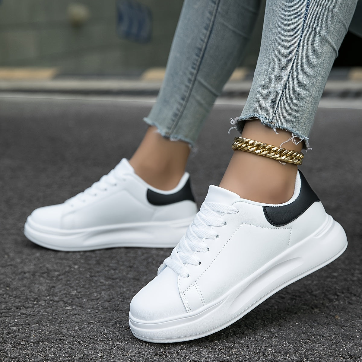 Women's Faux Leather White Sneakers – Minimalist Low-Top Design for All-Day Comfort 3