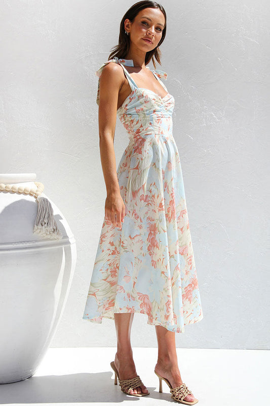 Women's Floral Midi Dress Light Blue Cotton Summer Dress