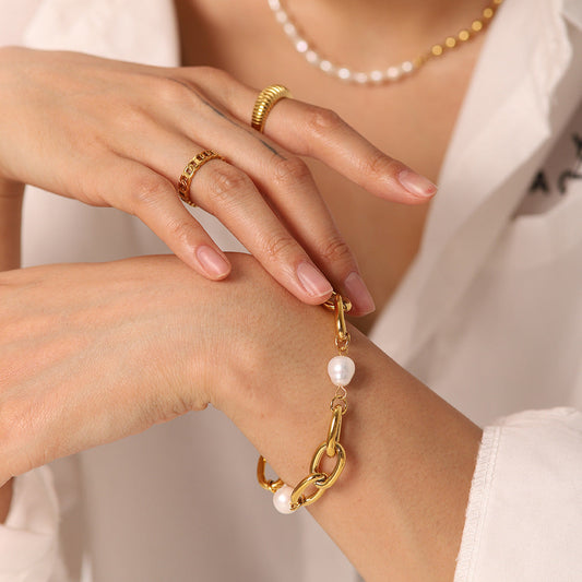 Women's Freshwater Pearl Bracelet Gold Stainless Steel 1