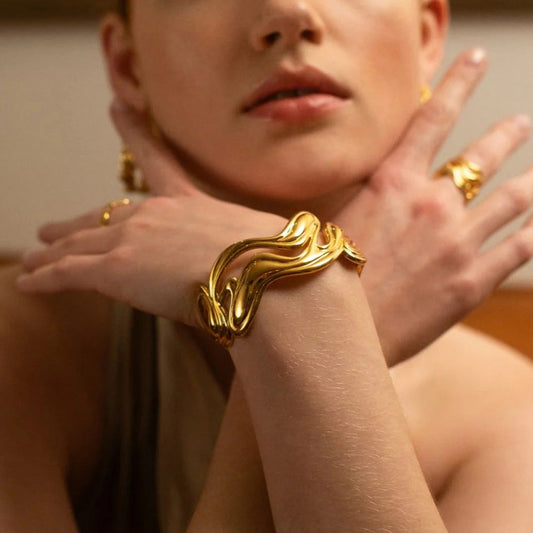 Women's Gold Bracelet Stainless Steel Open-Ended Wavy Design 1