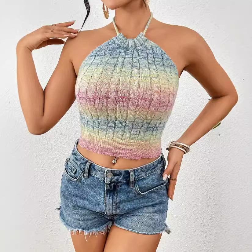 Womens Halter Crop Top Beige Slim Fit Knit Cable Pattern 3