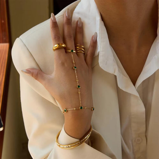 Women's Hand Chain Emerald Stainless Steel-Plated 18k Gold 1