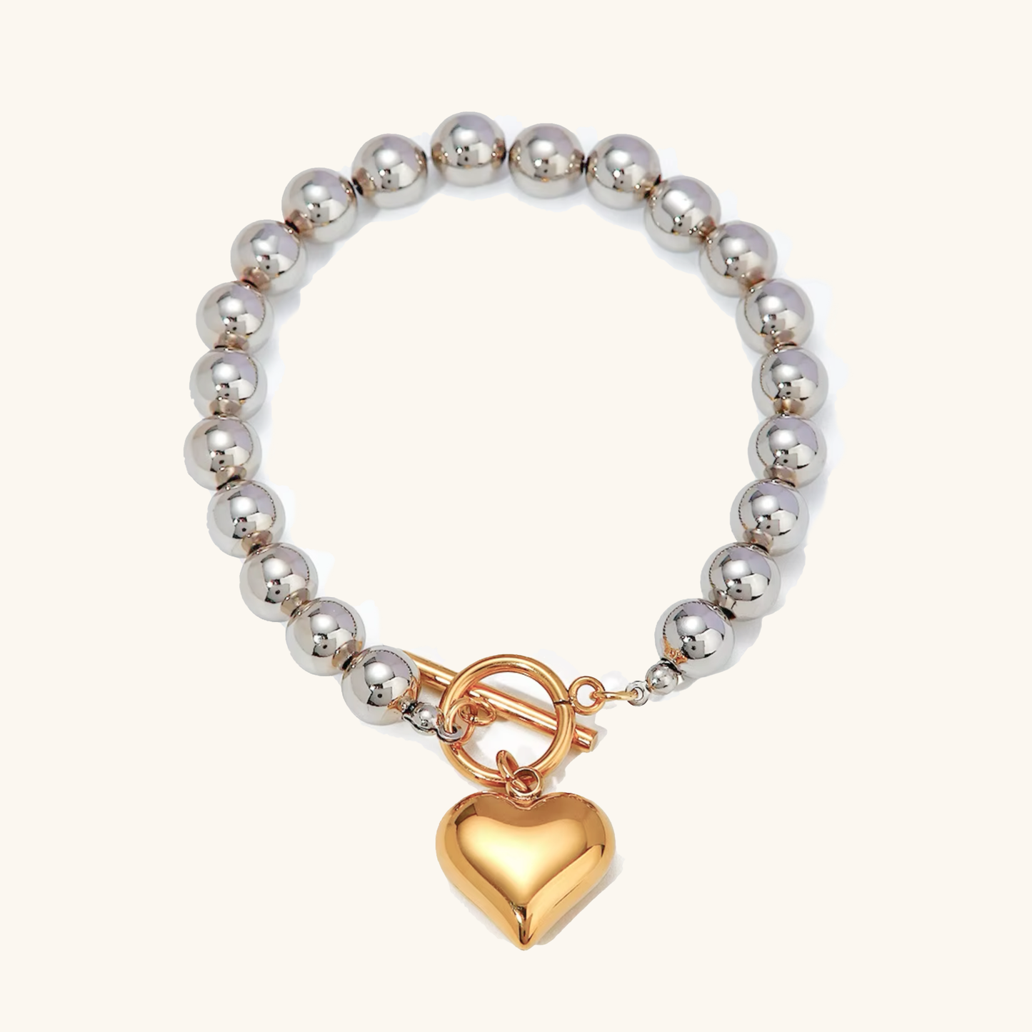 Women's Heart Bracelet Gold Stainless Steel Silver Chunky Bead 0