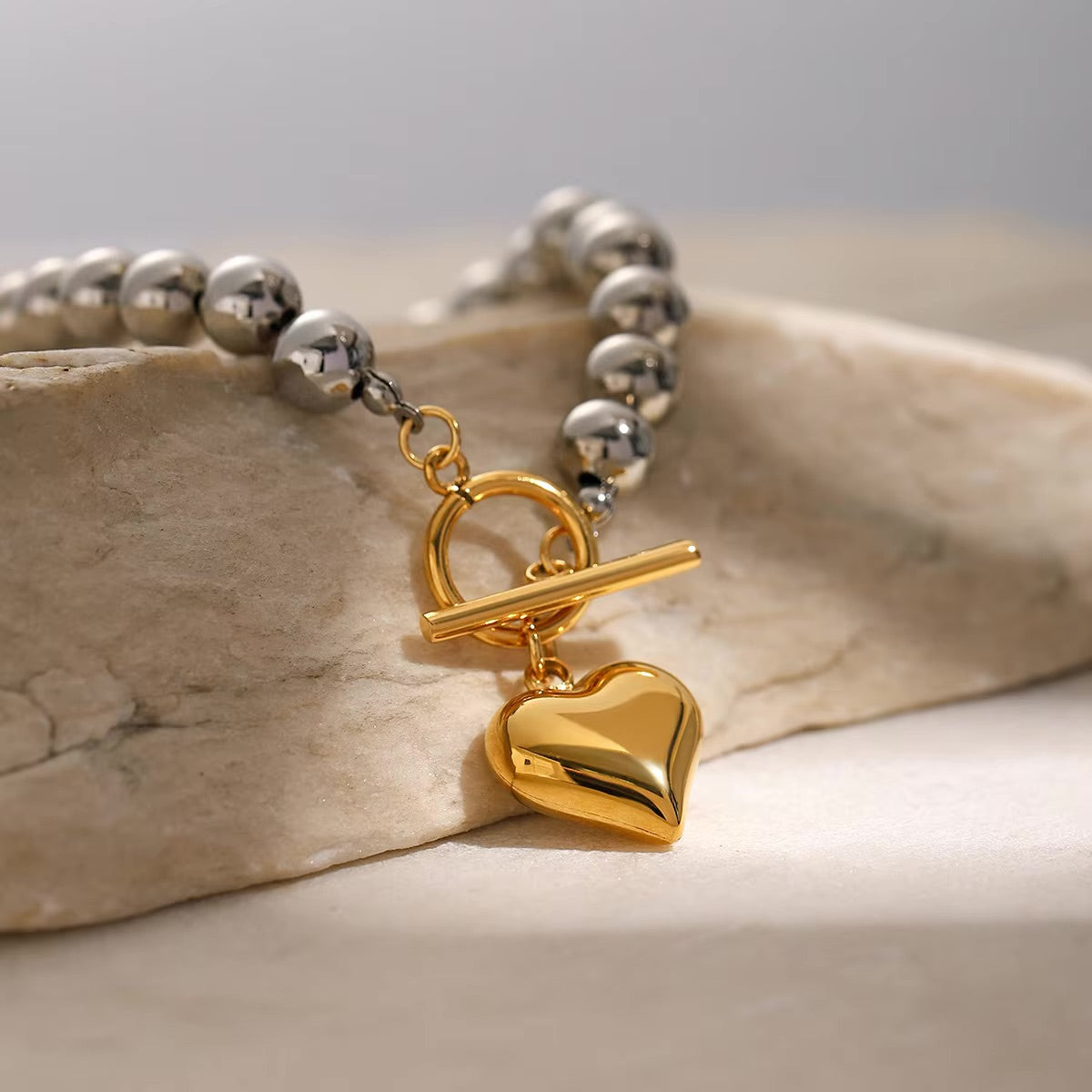 Women's Heart Bracelet Gold Stainless Steel Silver Chunky Bead 2
