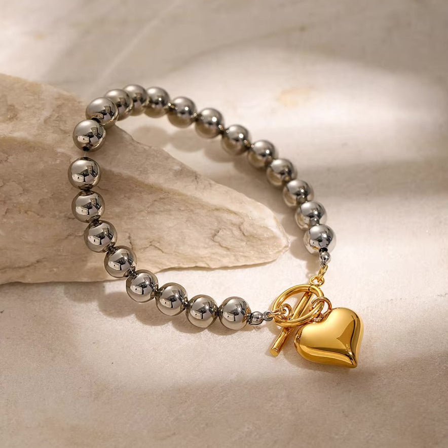 Women's Heart Bracelet Gold Stainless Steel Silver Chunky Bead 3