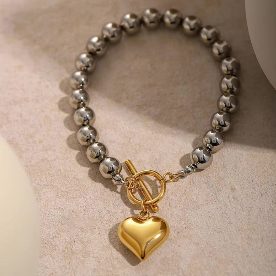 Women's Heart Bracelet Gold Stainless Steel Silver Chunky Bead 4