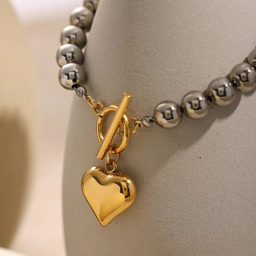 Women's Heart Bracelet Gold Stainless Steel Silver Chunky Bead 5