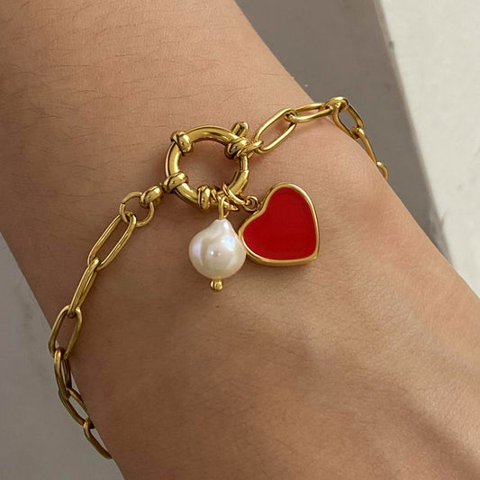 Women's Heart Charm Bracelet Gold Stainless Steel with Freshwater Pearls 1