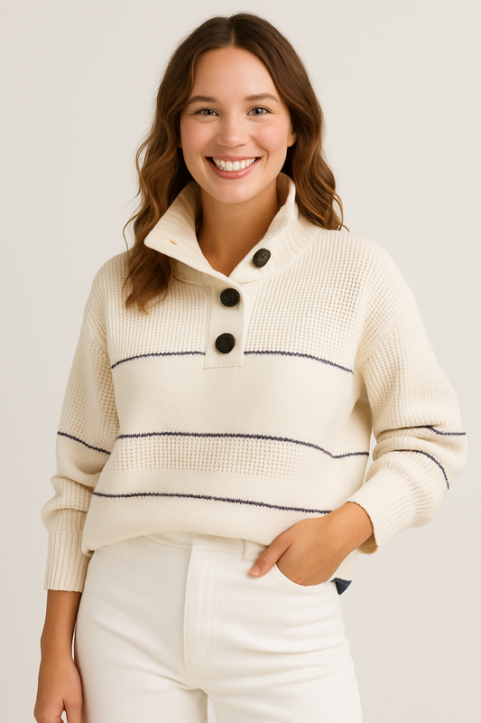 Women's Pullover Sweater - Relaxed Fit with Button Collar and Ribbed Trim 2