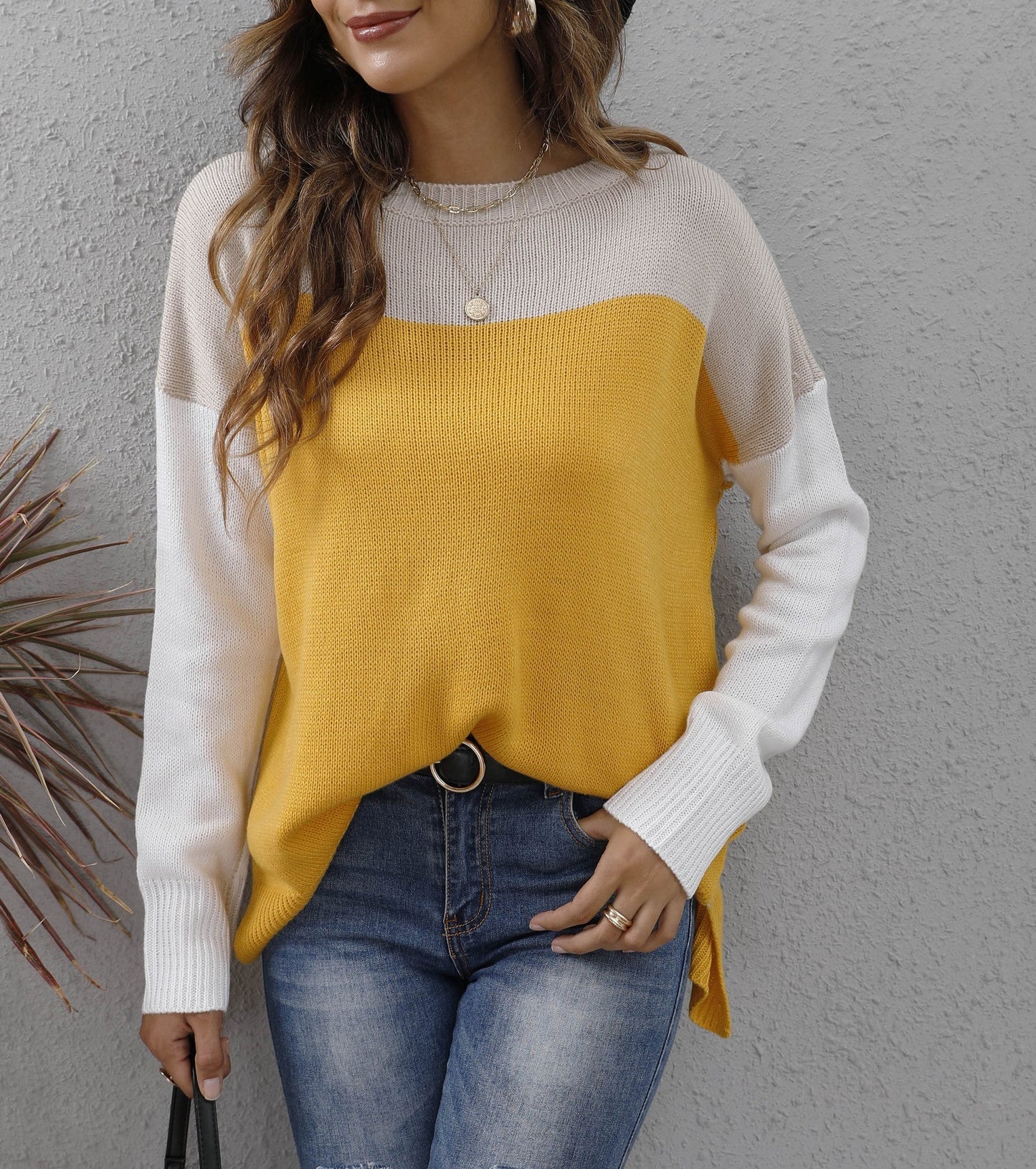 Women's Colour Block Sweater, Relaxed Fit Acrylic Knit Long Sleeve Top 4