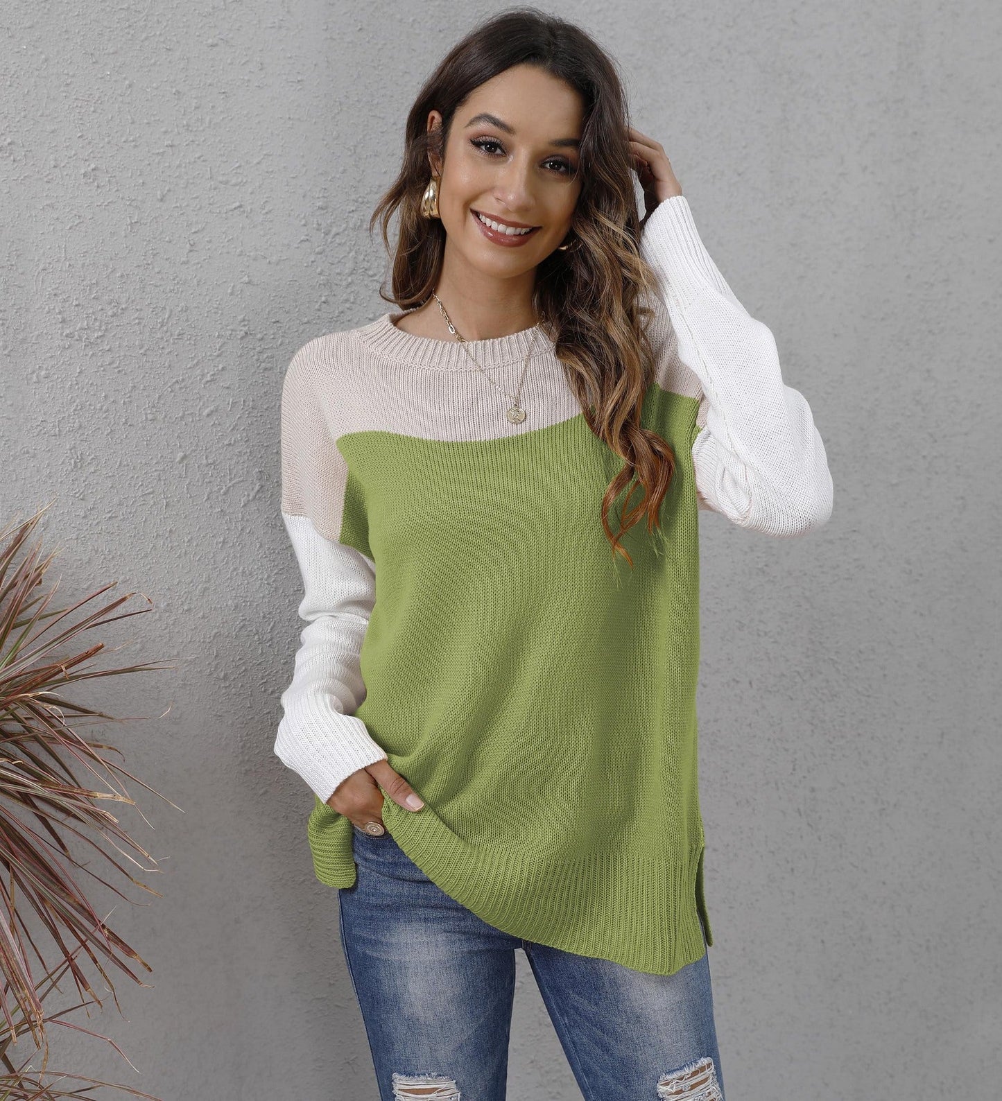 Women's Colour Block Sweater, Relaxed Fit Acrylic Knit Long Sleeve Top 6