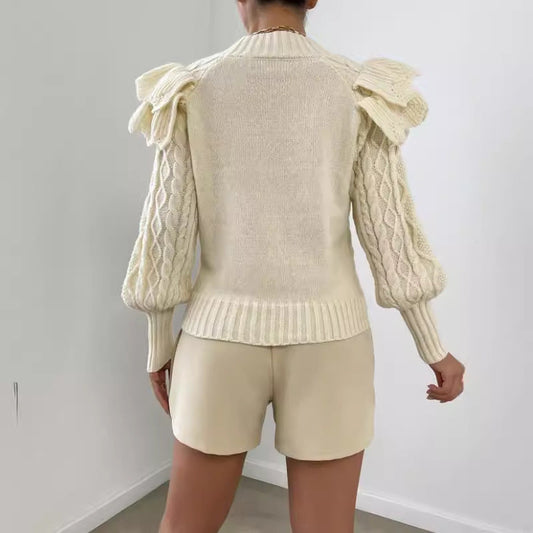 Womens Cropped Sweater with Ruffle Shoulders - Black Cable Knit Long Sleeve 2